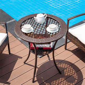 Round Rattan Wicker Tempered Glass Top Coffee Table with Lower Shelf Lightweight High Quality Waterproof Camping Dinning Table