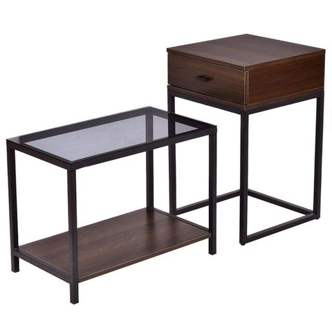 2 Pcs Metal Frame Wood Glass Top Nesting Side Table Minimalist High Quality Modern Living Room Furniture Set HW56083