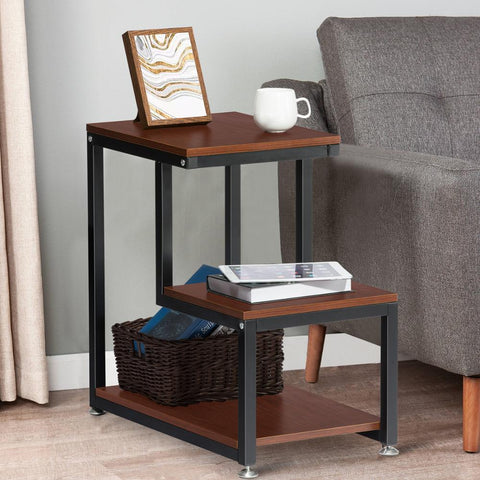 3-Tier Side Table Night Stand Rustic Sofa End Table with Storage Shelf for Living Room Bedroom Espresso Tabletop