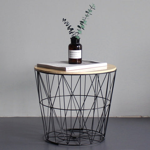 Wind Iron Side Table Small Coffee Table Solid Wood Small Round Table Bedside Table Corner Storage Basket Basket Storage Basket