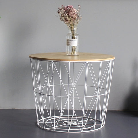 Wind Iron Side Table Small Coffee Table Solid Wood Small Round Table Bedside Table Corner Storage Basket Basket Storage Basket