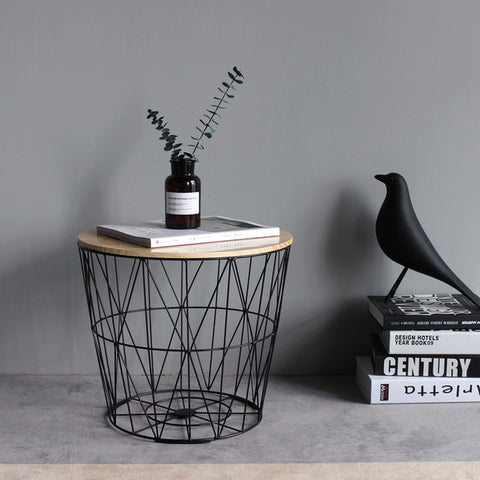 Wind Iron Side Table Small Coffee Table Solid Wood Small Round Table Bedside Table Corner Storage Basket Basket Storage Basket