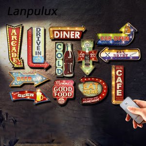 Lanpulux Vintage LED Wall Lamp Iron Art Route66 Cola Ice Cream Night Lights Remote Control Coffee Bar Resturant Decor Lighting