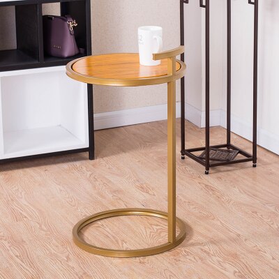 European Simple Side Table golden Paint Iron Round Corner Table Wooden / Iron Desktop Coffee Table Living Room Furniture 70*40cm