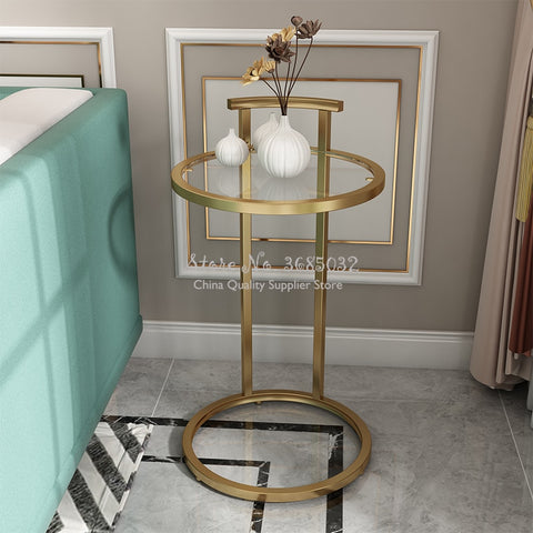 Nordic Gold Coffee Table Living Room Rack Sofa Corner Round Movable Bedside Table Living Room Study Table Metal Glass Sidetable