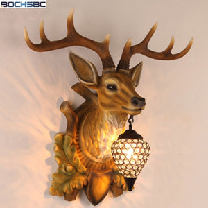 BOCHSBC Deer Head Retro Wall Lamp Resin Antler Decorative LED Lamp Apply To Kitchen Dining Room Bedroom Chrismas Lights Lompara