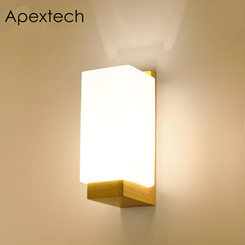 Apextech Wooden Wall Lamp Modern Nordic Style E26 E27 Bulb wall Lights Frosted Glass Shade+Wood Bedside Night light For Home