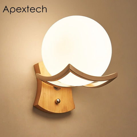 Apextech Wooden Wall Lamp Modern Nordic Style E26 E27 Bulb wall Lights Frosted Glass Shade+Wood Bedside Night light For Home