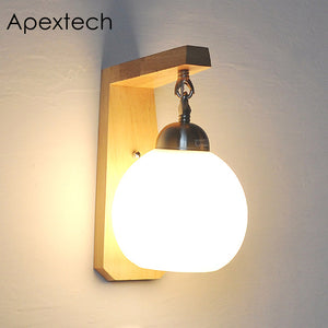 Apextech Wooden Wall Lamp Modern Nordic Style E26 E27 Bulb wall Lights Frosted Glass Shade+Wood Bedside Night light For Home